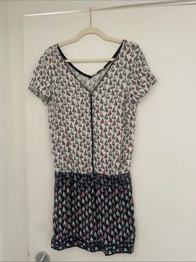 Promod Short Sleeve Sailboat Print Dress in White, Navy and Red